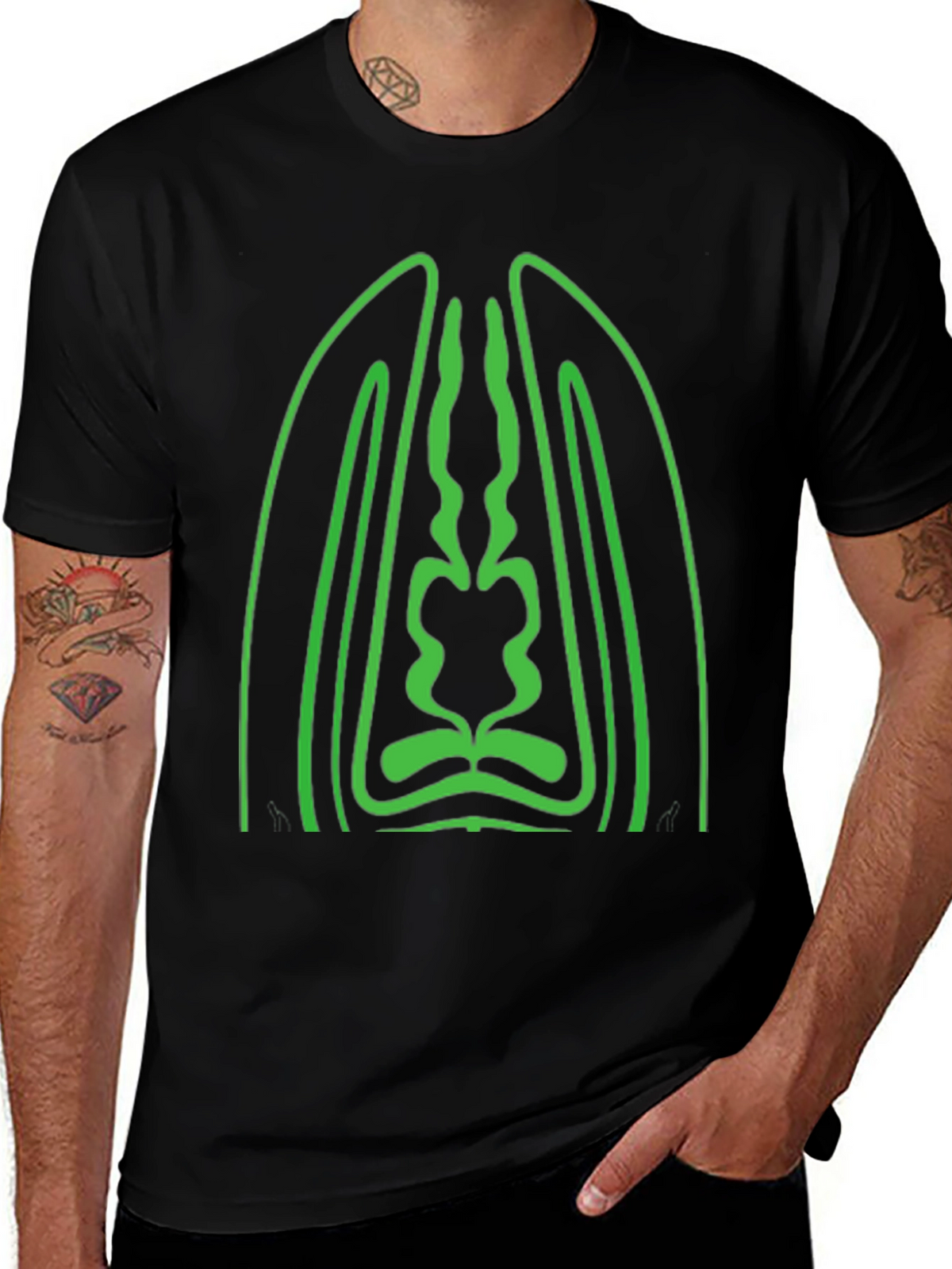Geometric Green Graphic Black T-Shirt