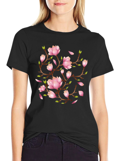 Floral Magnolia Branch Black T-Shirt