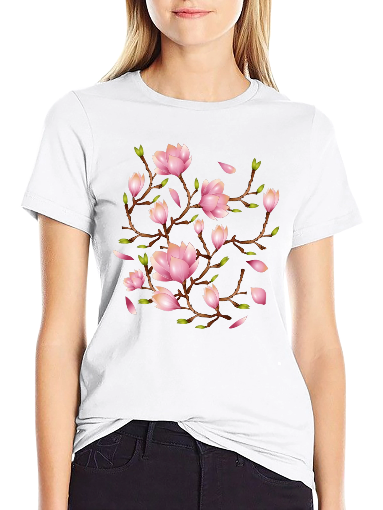 Floral Magnolia Branch Black T-Shirt