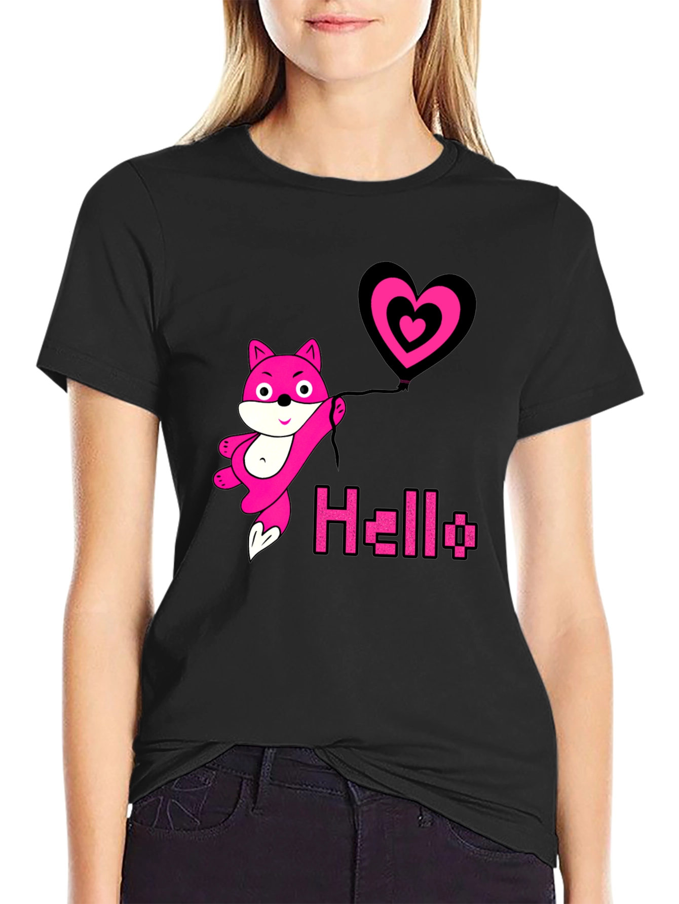 Pink Fox Heart Balloon Black T-Shirt