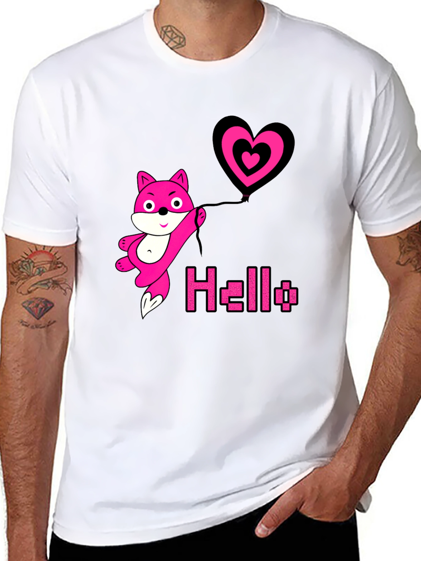 Pink Fox Heart Balloon Black T-Shirt