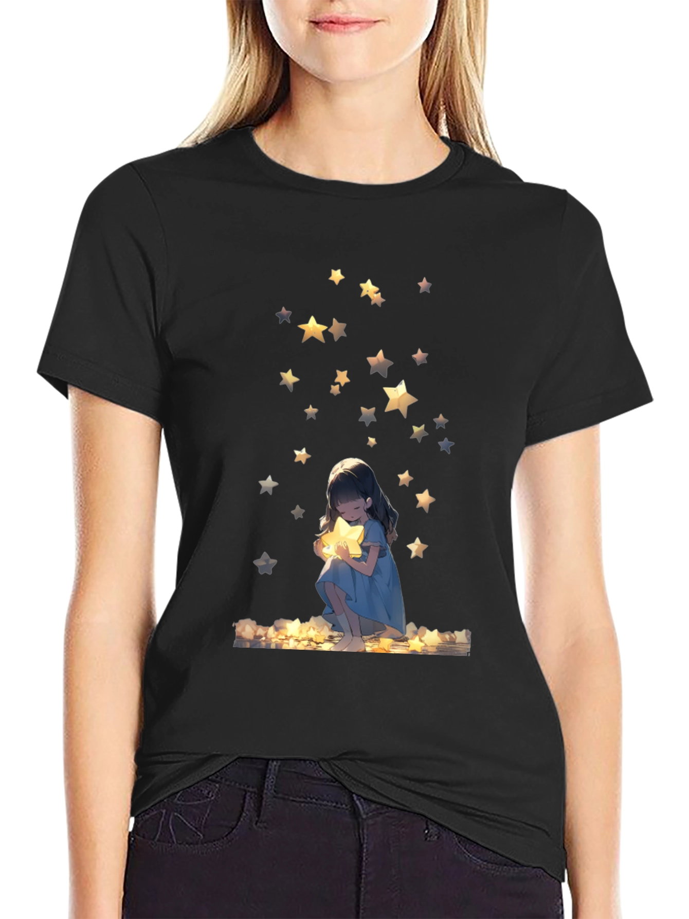 Dreamy Star Girl Black T-Shirt