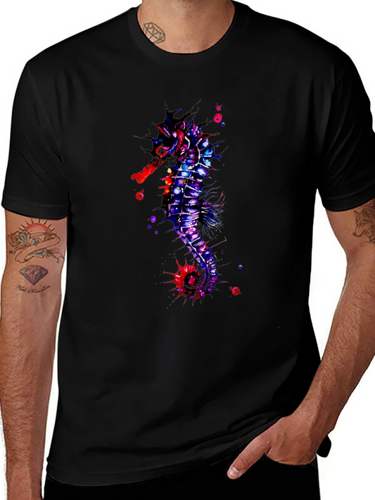 Vibrant Watercolor Seahorse Black T-Shirt