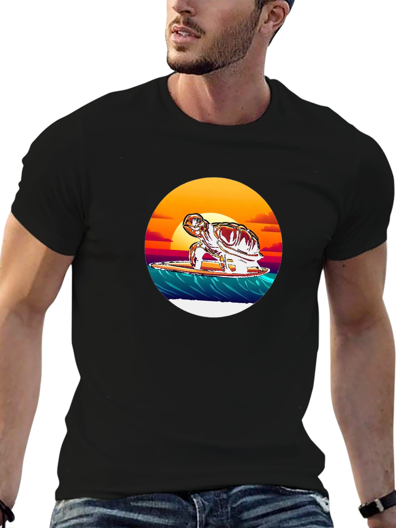 Surfing Turtle Graphic Tee - Black Cotton Blend