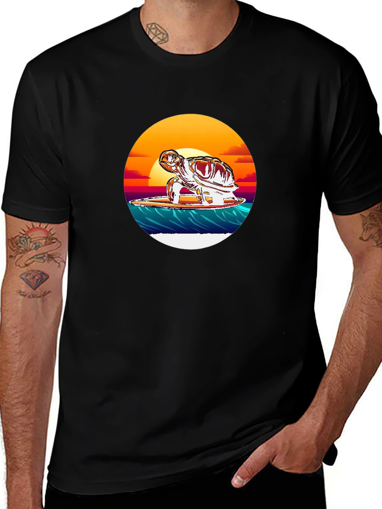 Surfing Turtle Graphic Tee - Black Cotton Blend