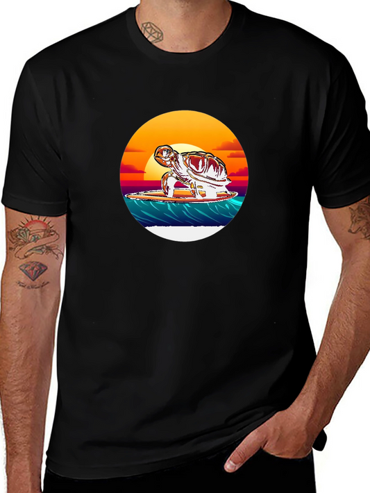 Surfing Turtle Graphic Tee - Black Cotton Blend