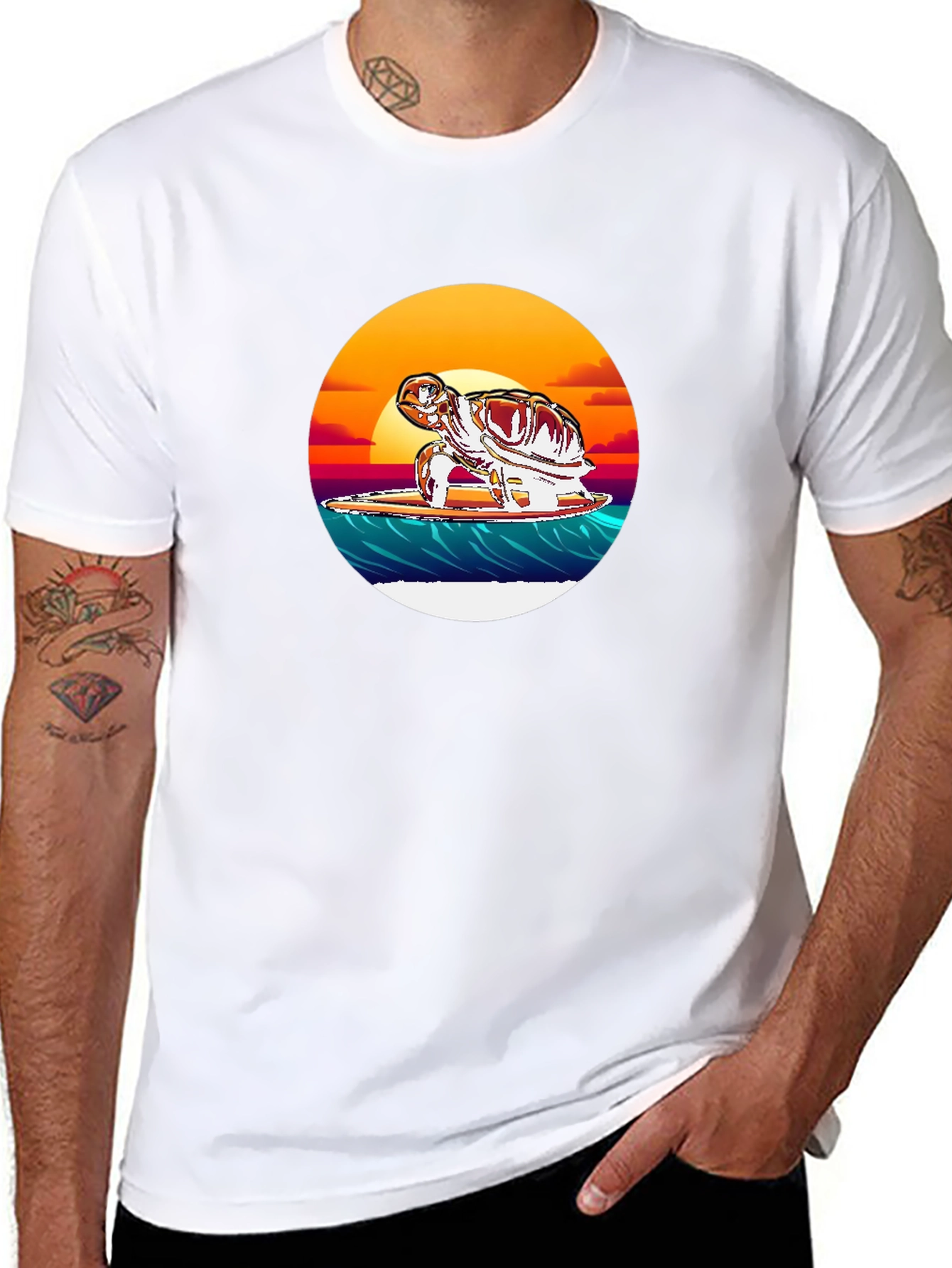 Surfing Turtle Graphic Tee - Black Cotton Blend