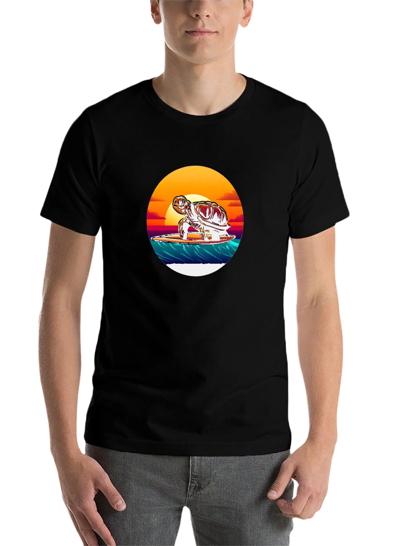 Surfing Turtle Graphic Tee - Black Cotton Blend