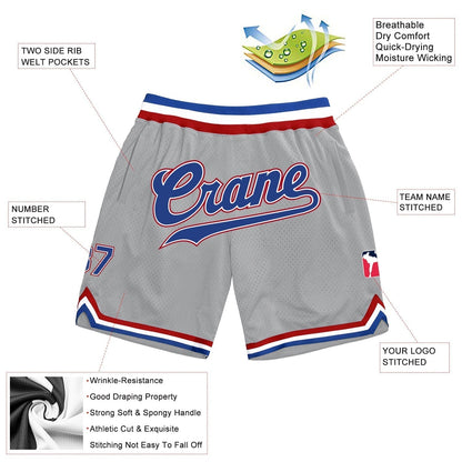 Custom Silver Gray Royal-Red Authentic Throwback Basketball Shorts