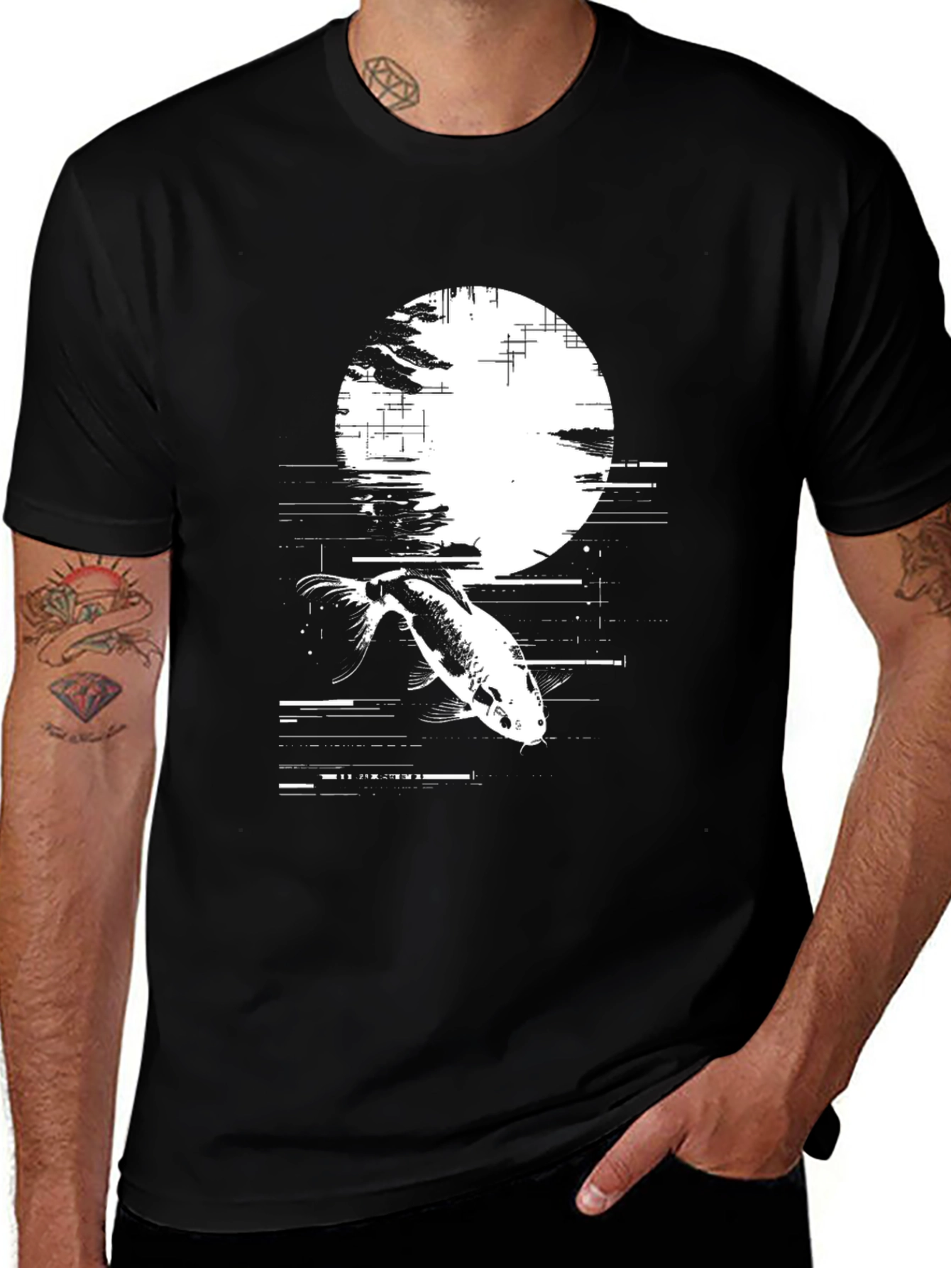 Koi Fish Glitch Black T-Shirt - Unique Graphic Tee