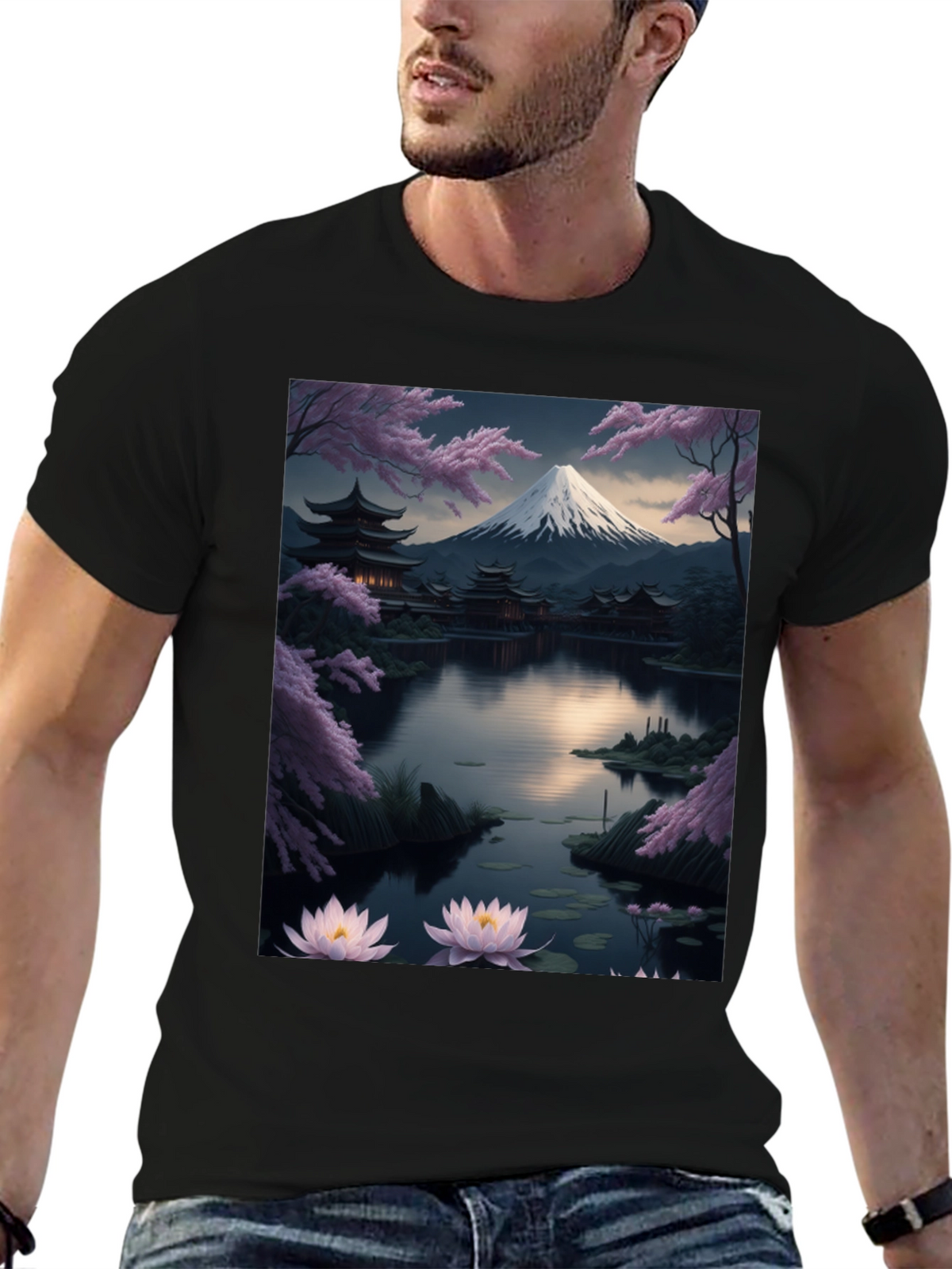 Japanese Art T-Shirt: Mountain & Lotus Design