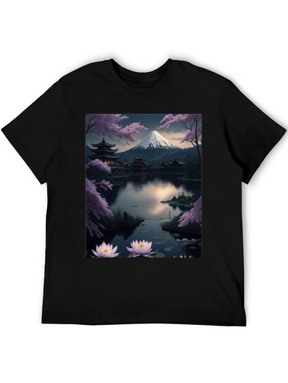 Japanese Art T-Shirt: Mountain & Lotus Design