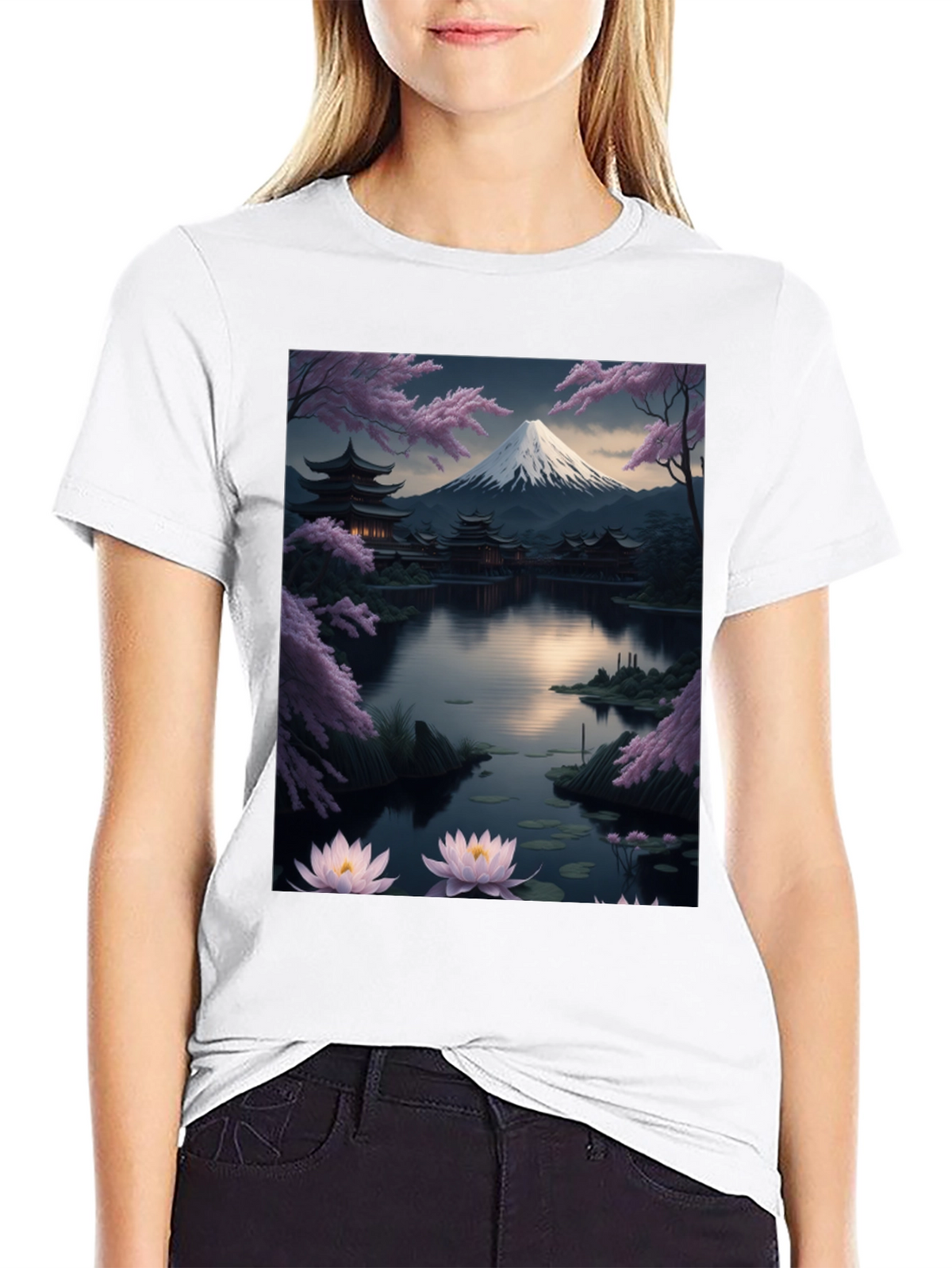 Japanese Art T-Shirt: Mountain & Lotus Design