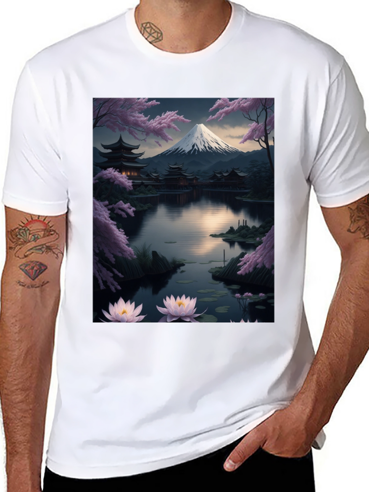 Japanese Art T-Shirt: Mountain & Lotus Design