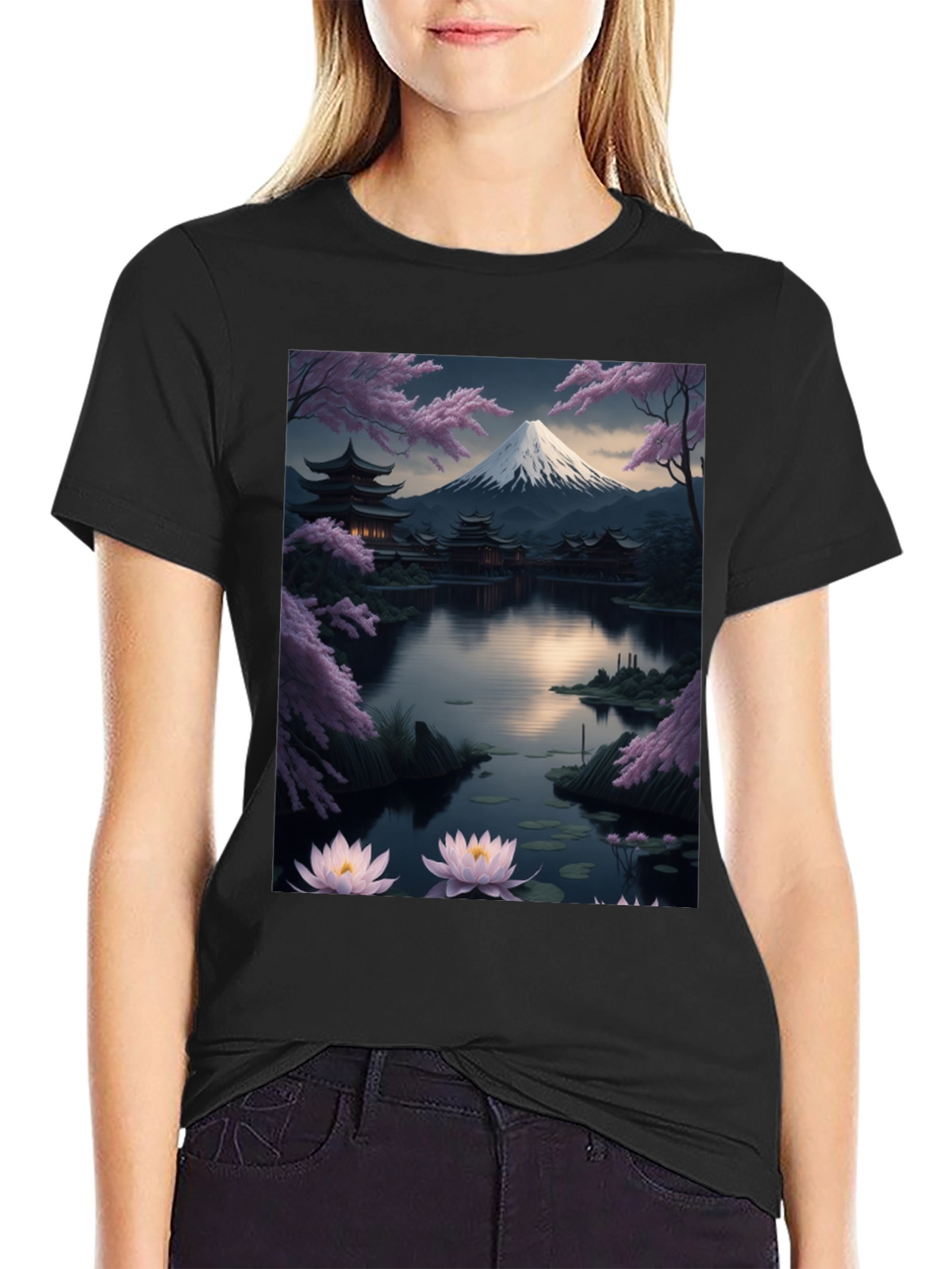 Japanese Art T-Shirt: Mountain & Lotus Design