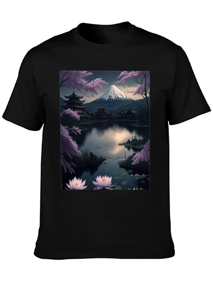 Japanese Art T-Shirt: Mountain & Lotus Design