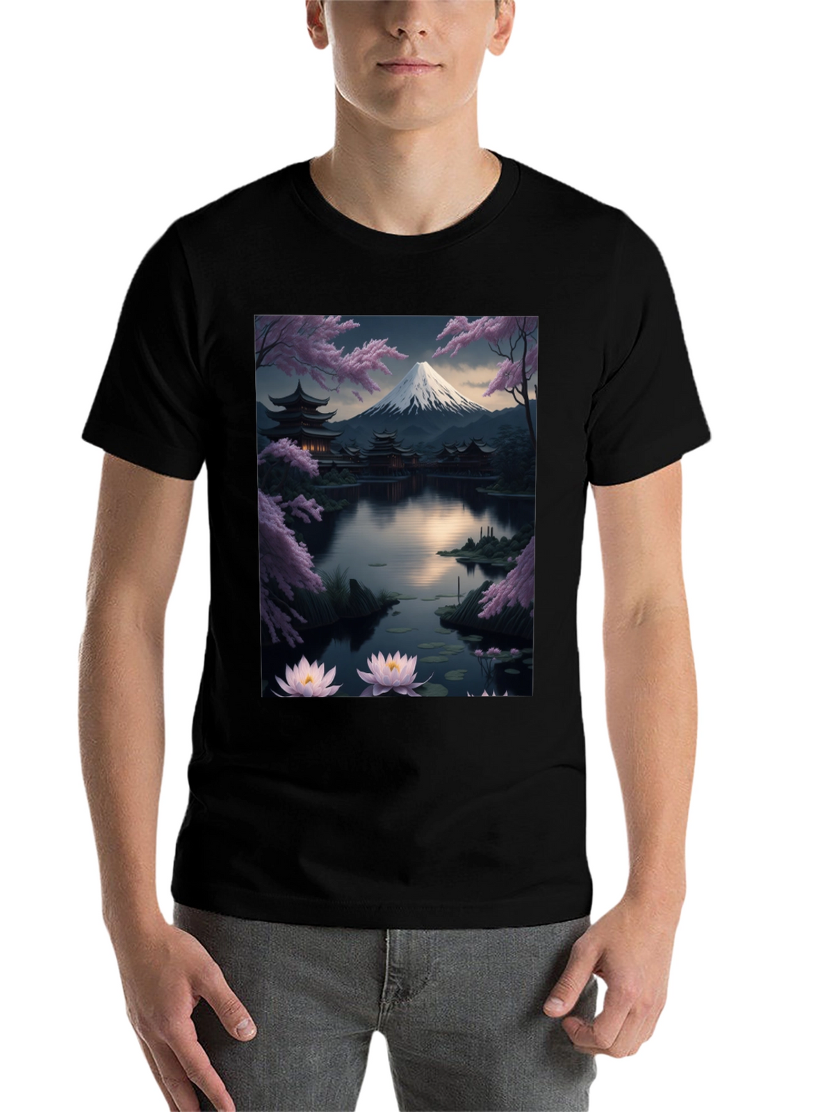 Japanese Art T-Shirt: Mountain & Lotus Design