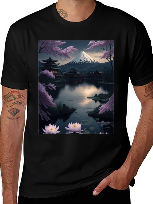 Japanese Art T-Shirt: Mountain & Lotus Design
