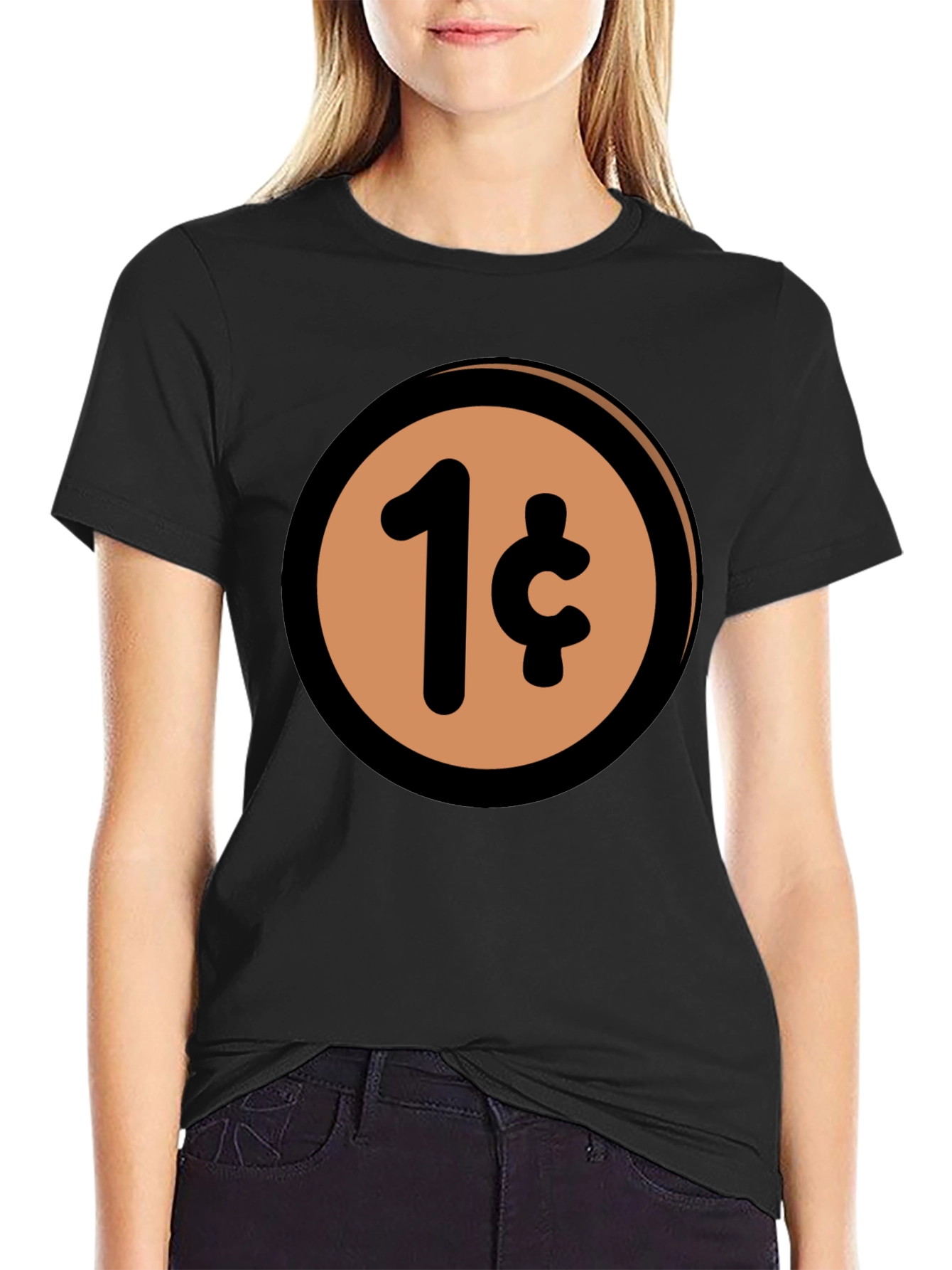 1 Cent Coin T-Shirt - Black Casual Graphic Tee