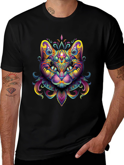 Psychedelic Cat Graphic Tee - Black