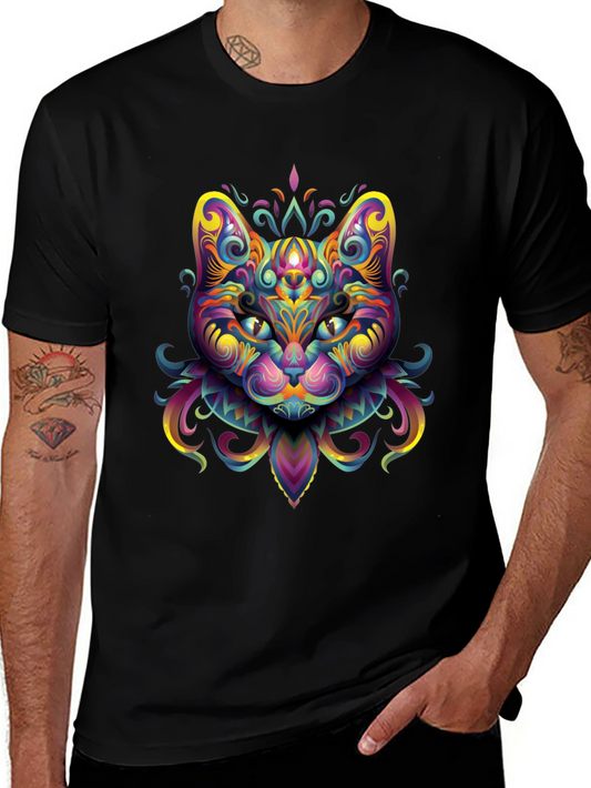 Psychedelic Cat Graphic Tee - Black