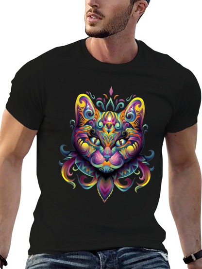 Psychedelic Cat Graphic Tee - Black