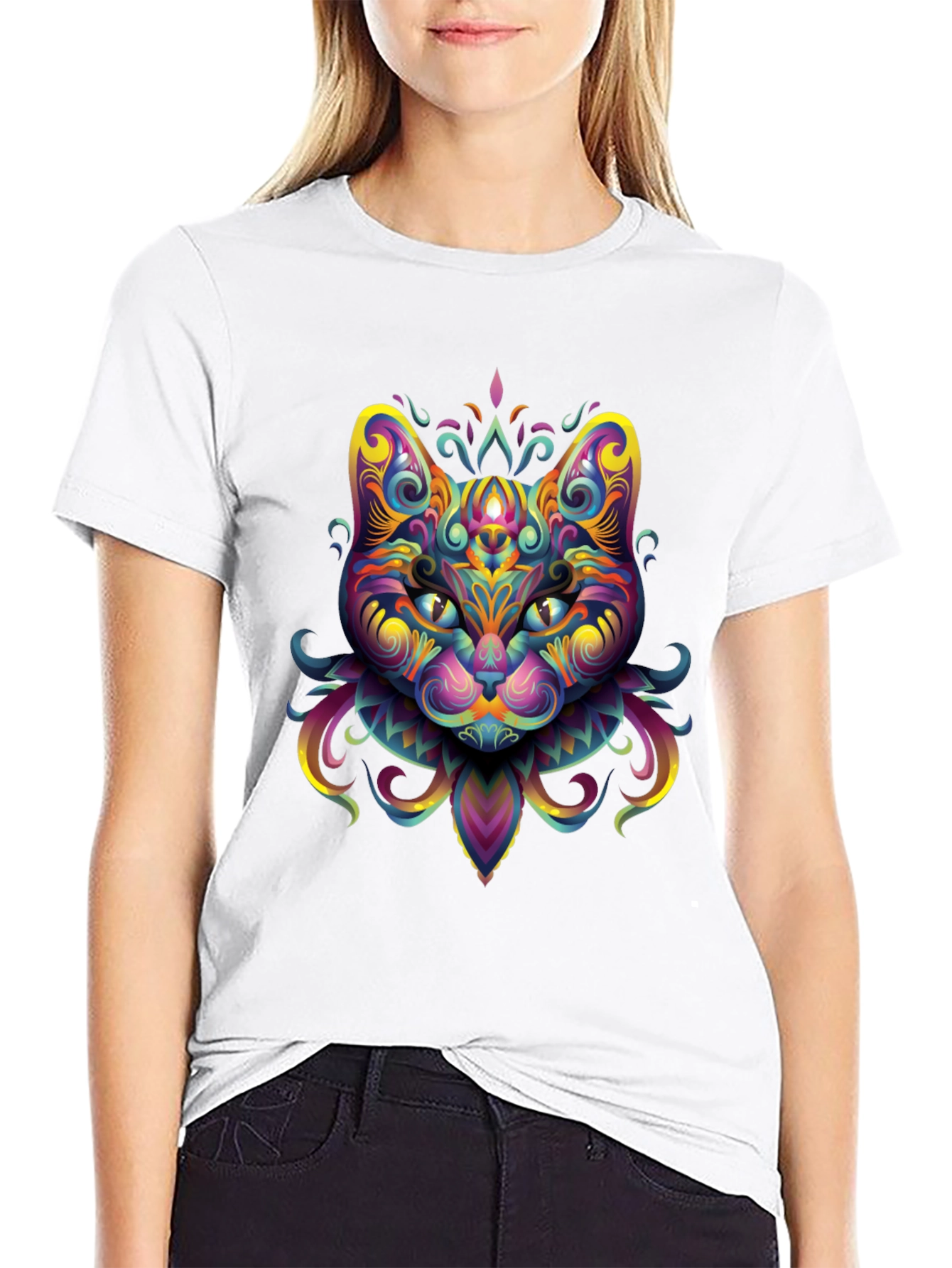 Psychedelic Cat Graphic Tee - Black