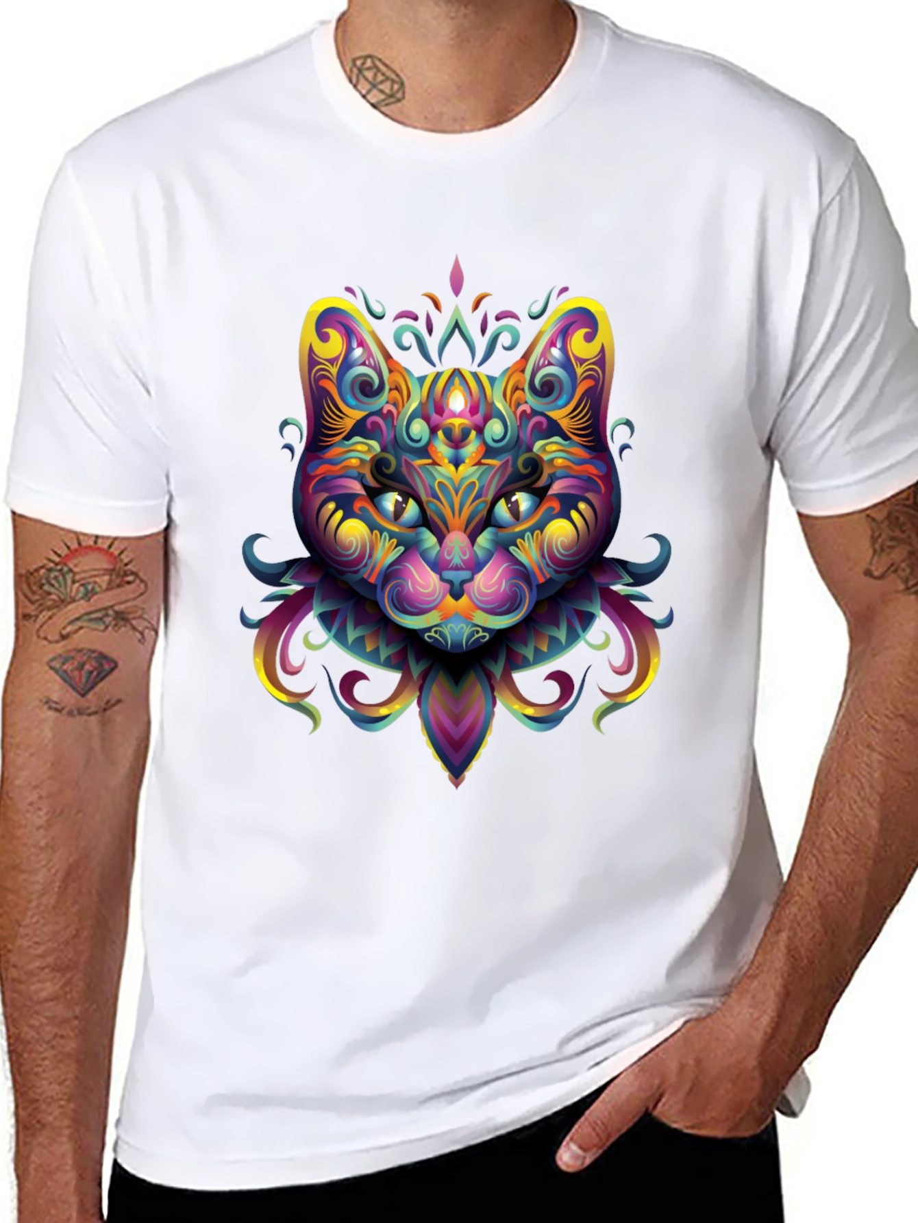 Psychedelic Cat Graphic Tee - Black