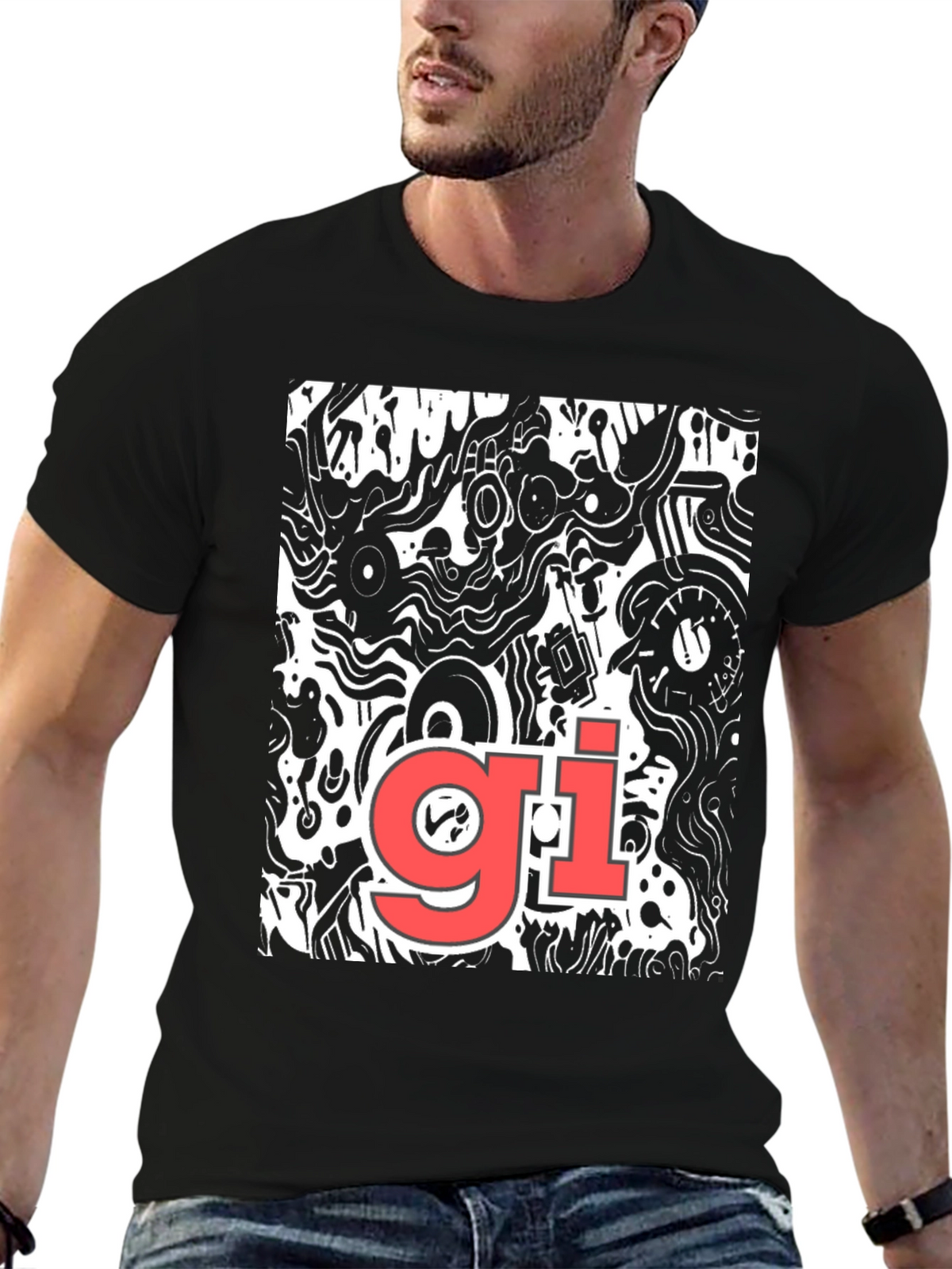 Abstract Graphic Print Tee - Black Casual T-Shirt