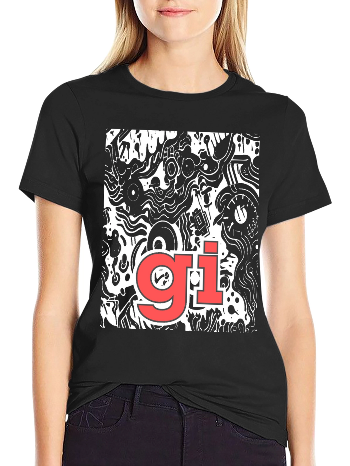 Abstract Graphic Print Tee - Black Casual T-Shirt