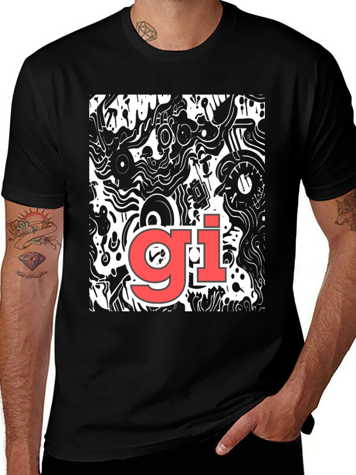 Abstract Graphic Print Tee - Black Casual T-Shirt