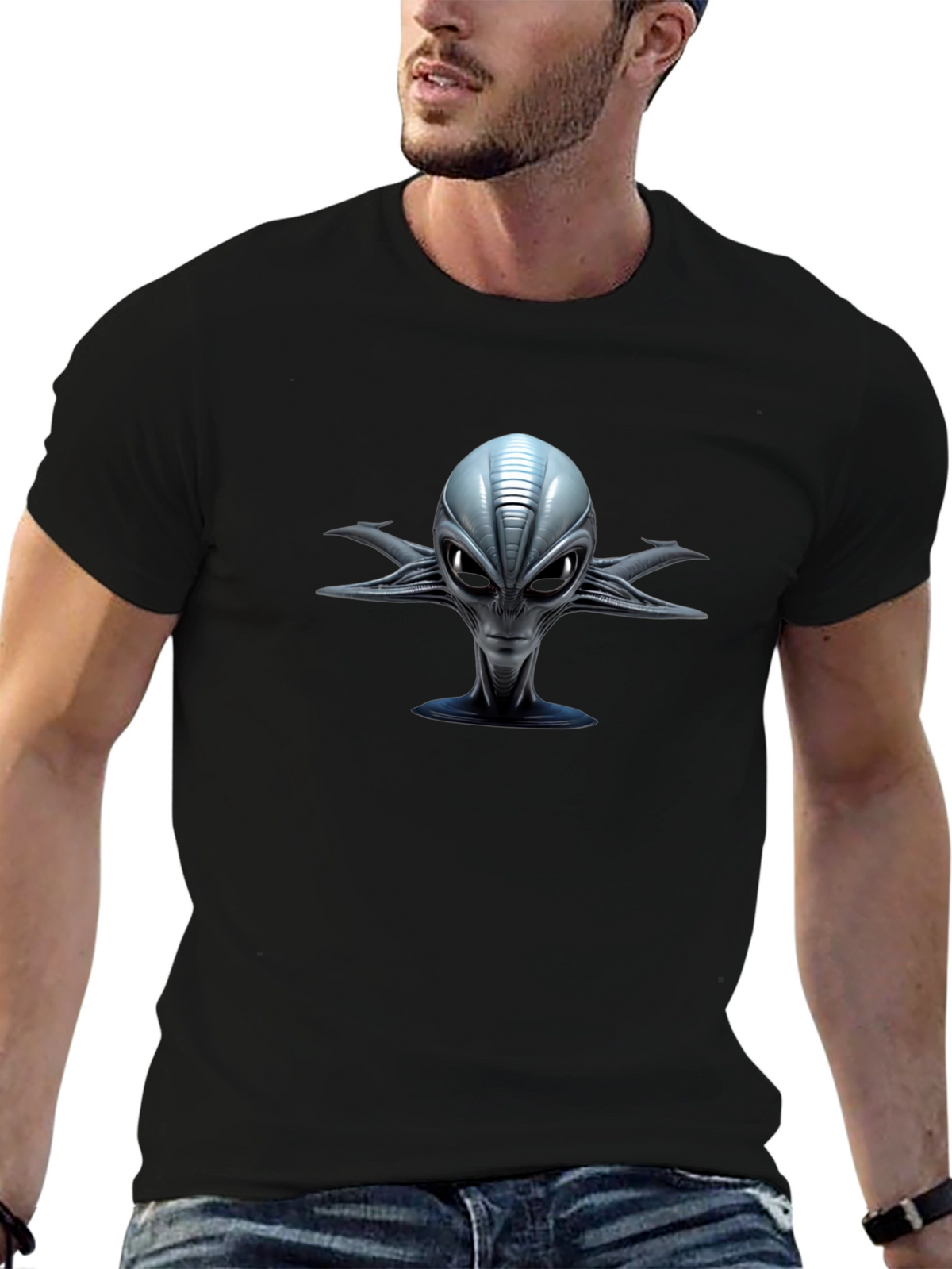 Alien Head Graphic Print Black T-Shirt