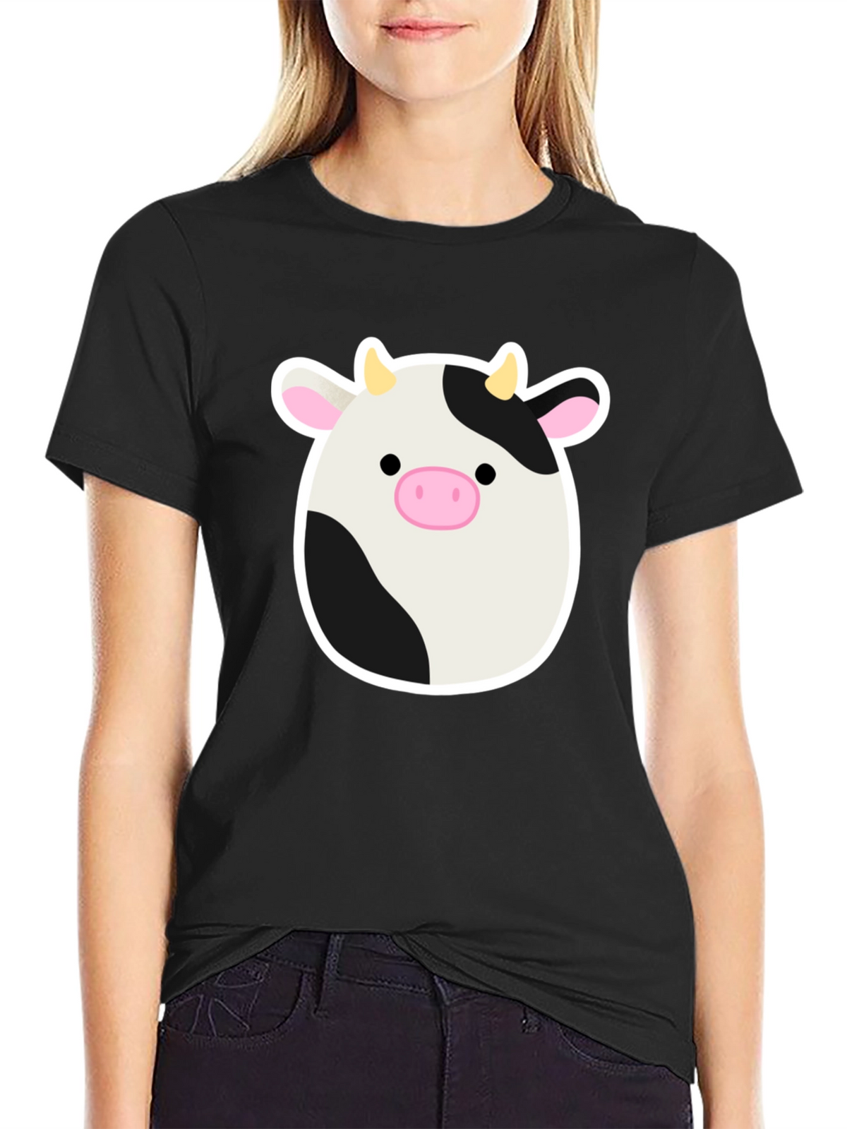 Cute Cartoon Cow Graphic Print Black T-Shirt