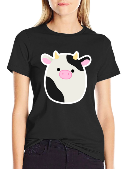 Cute Cartoon Cow Graphic Print Black T-Shirt