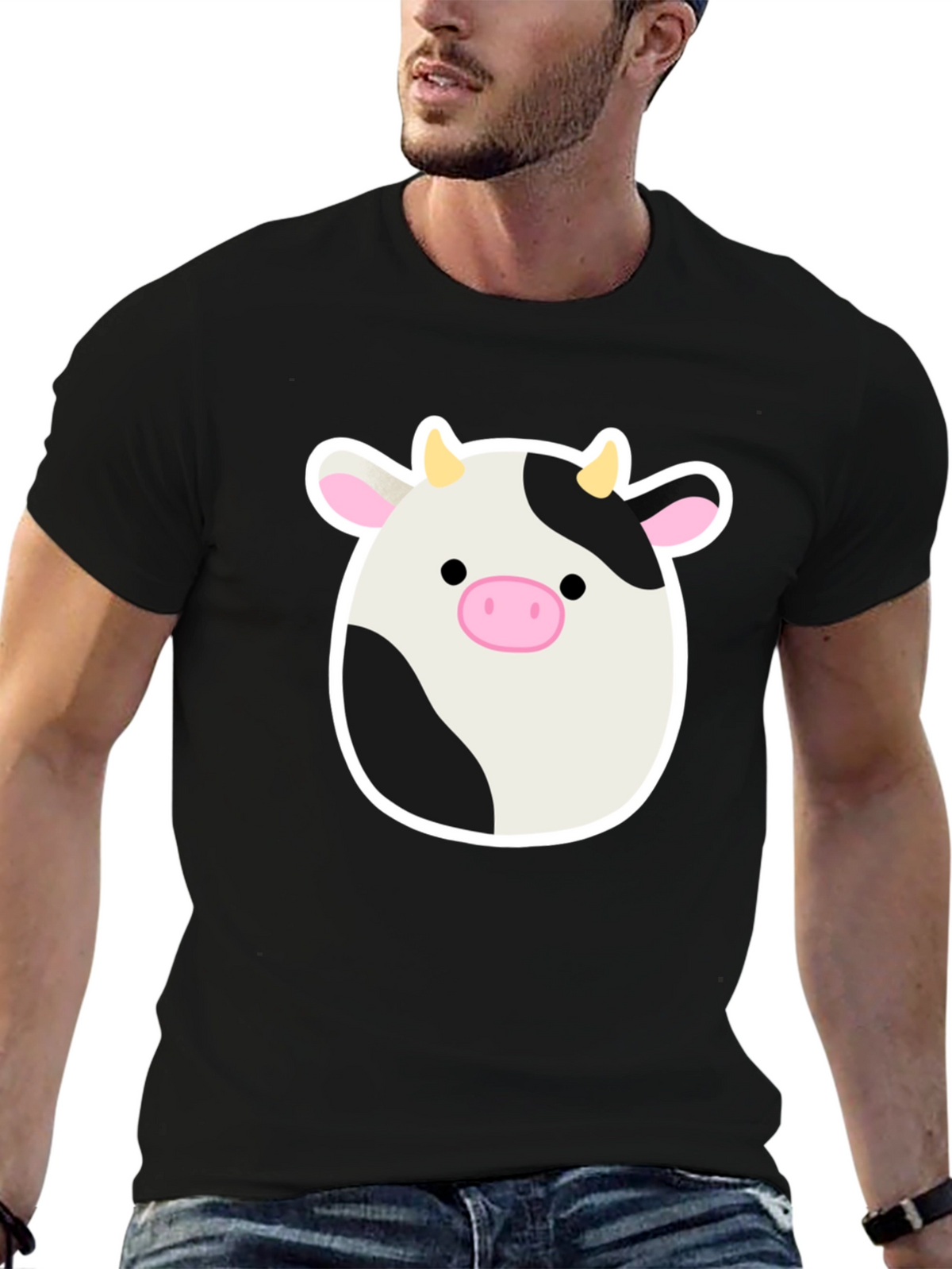 Cute Cartoon Cow Graphic Print Black T-Shirt