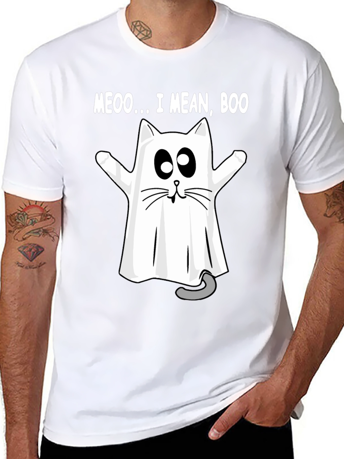 Meoo I Mean Boo Cat Ghost Halloween T-Shirt