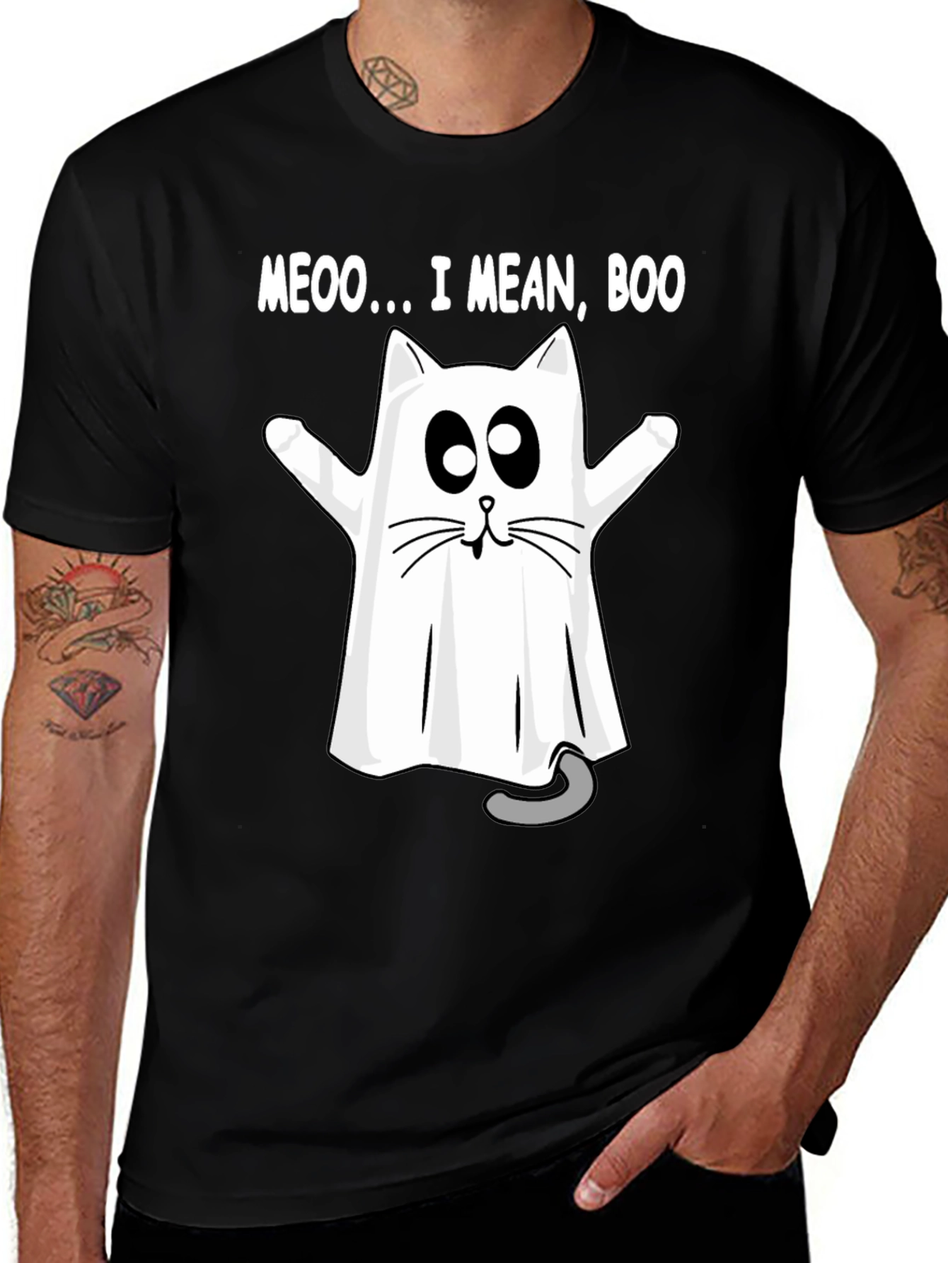 Meoo I Mean Boo Cat Ghost Halloween T-Shirt