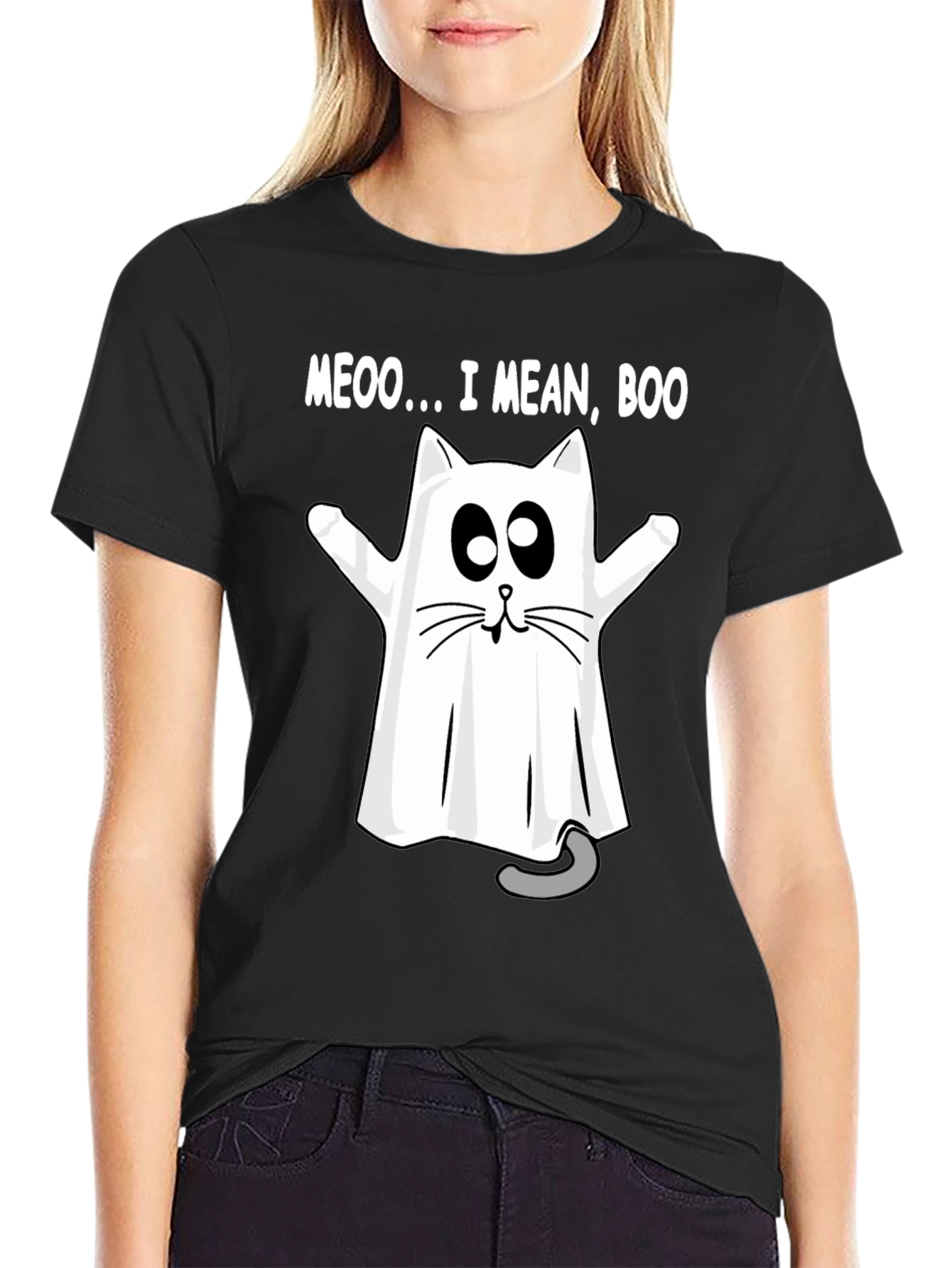 Meoo I Mean Boo Cat Ghost Halloween T-Shirt