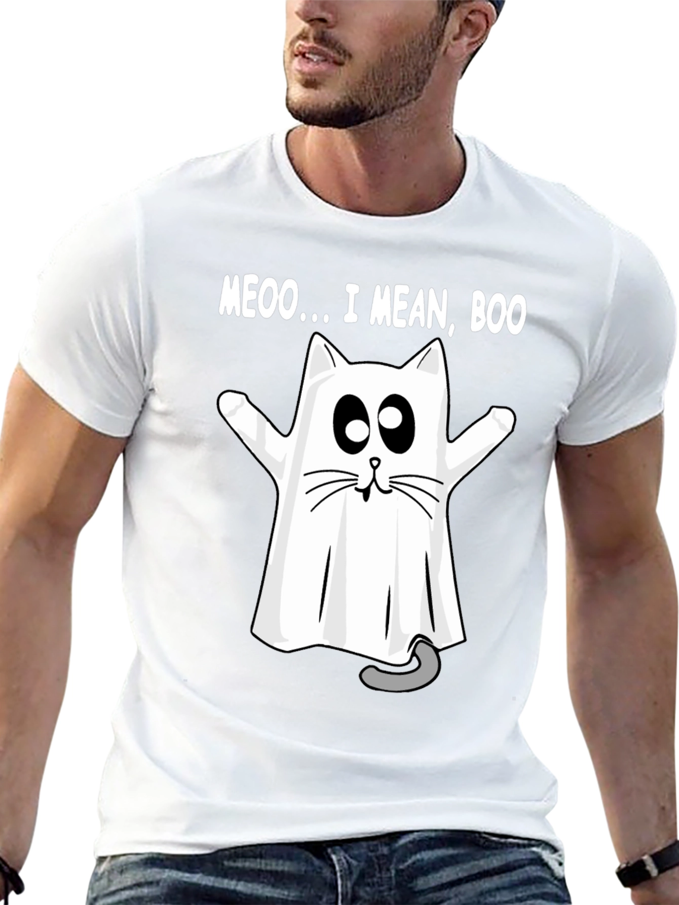 Meoo I Mean Boo Cat Ghost Halloween T-Shirt