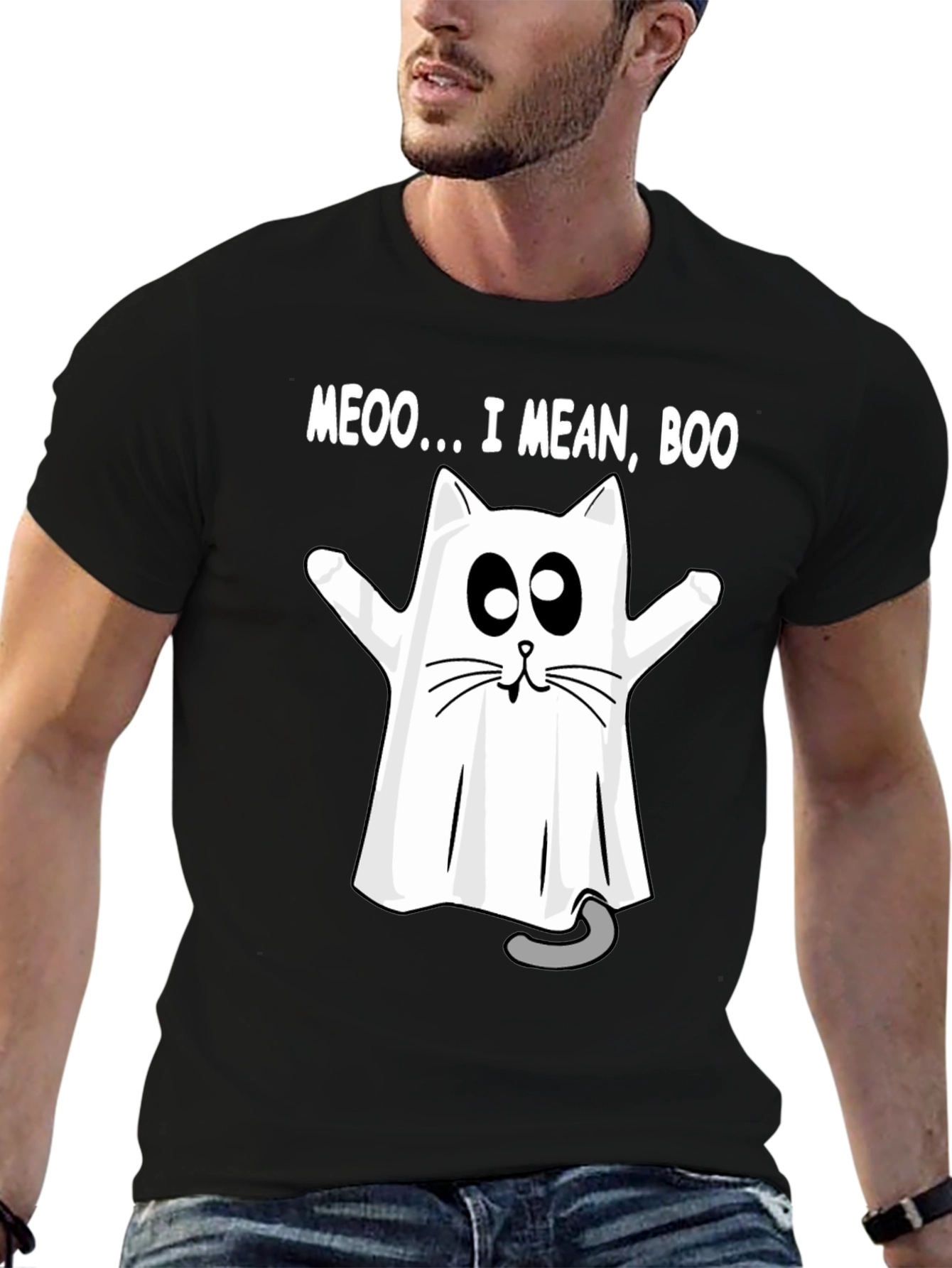Meoo I Mean Boo Cat Ghost Halloween T-Shirt