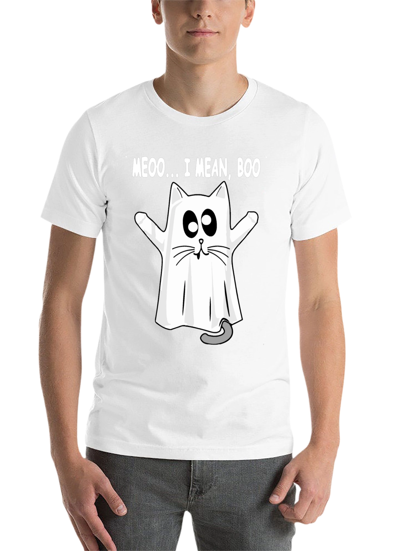 Meoo I Mean Boo Cat Ghost Halloween T-Shirt