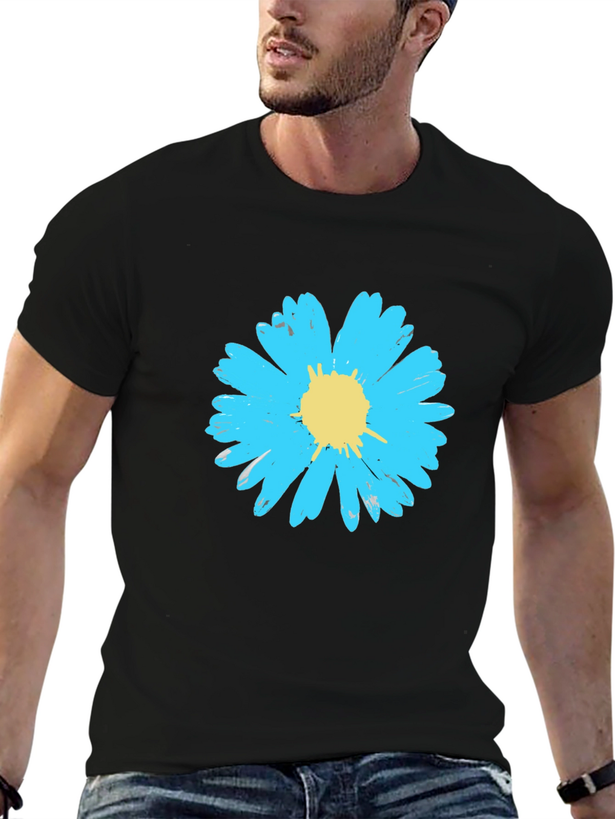 Blue Daisy Graphic Tee - Stylish Mens Black T-Shirt