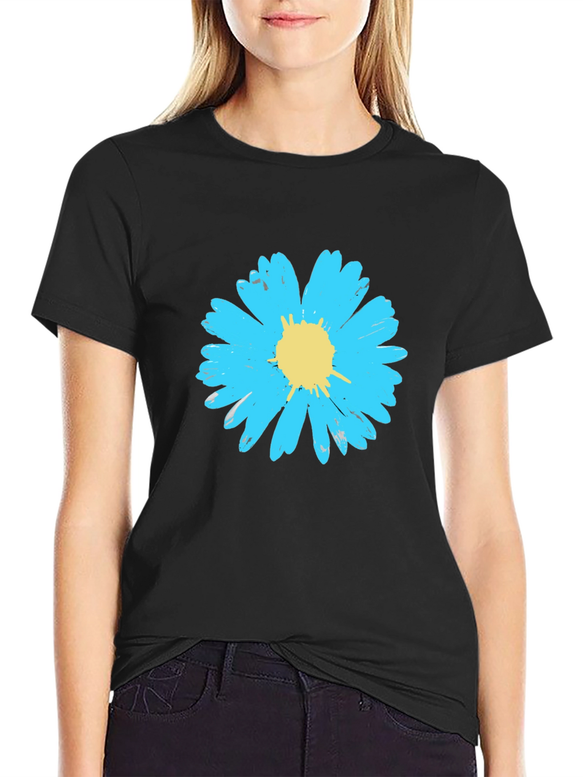 Blue Daisy Graphic Tee - Stylish Mens Black T-Shirt