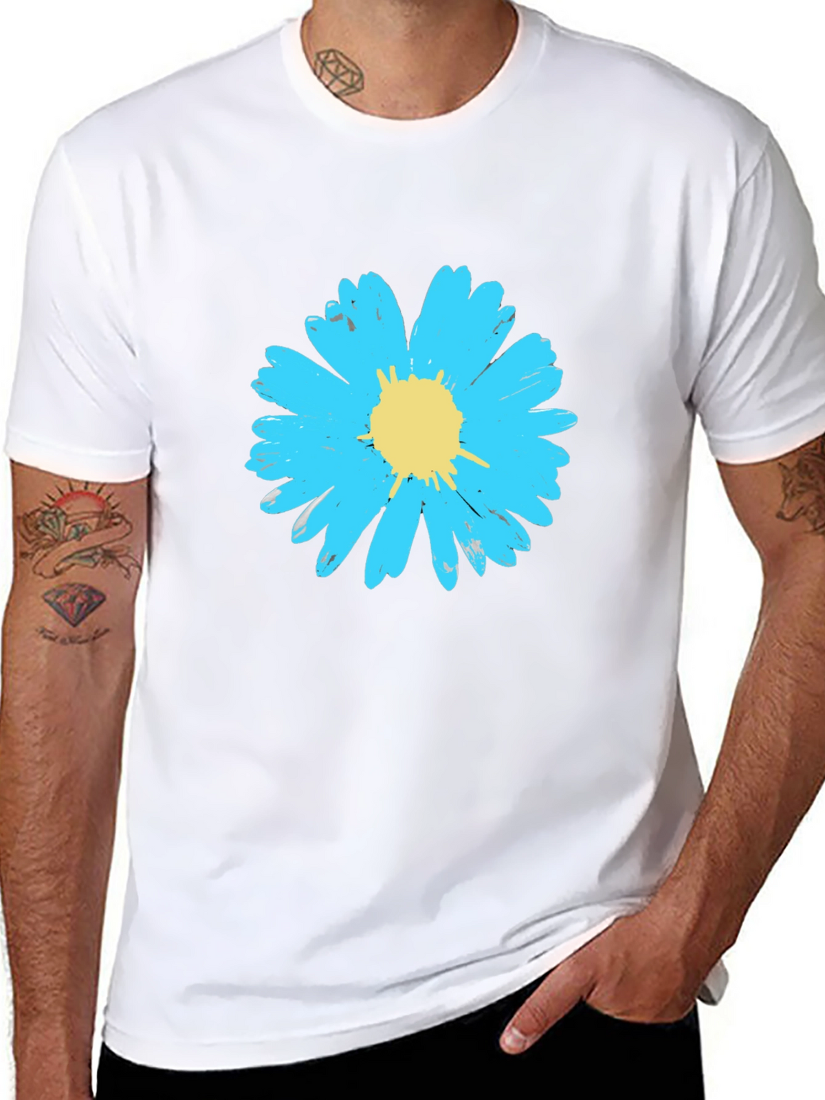 Blue Daisy Graphic Tee - Stylish Mens Black T-Shirt