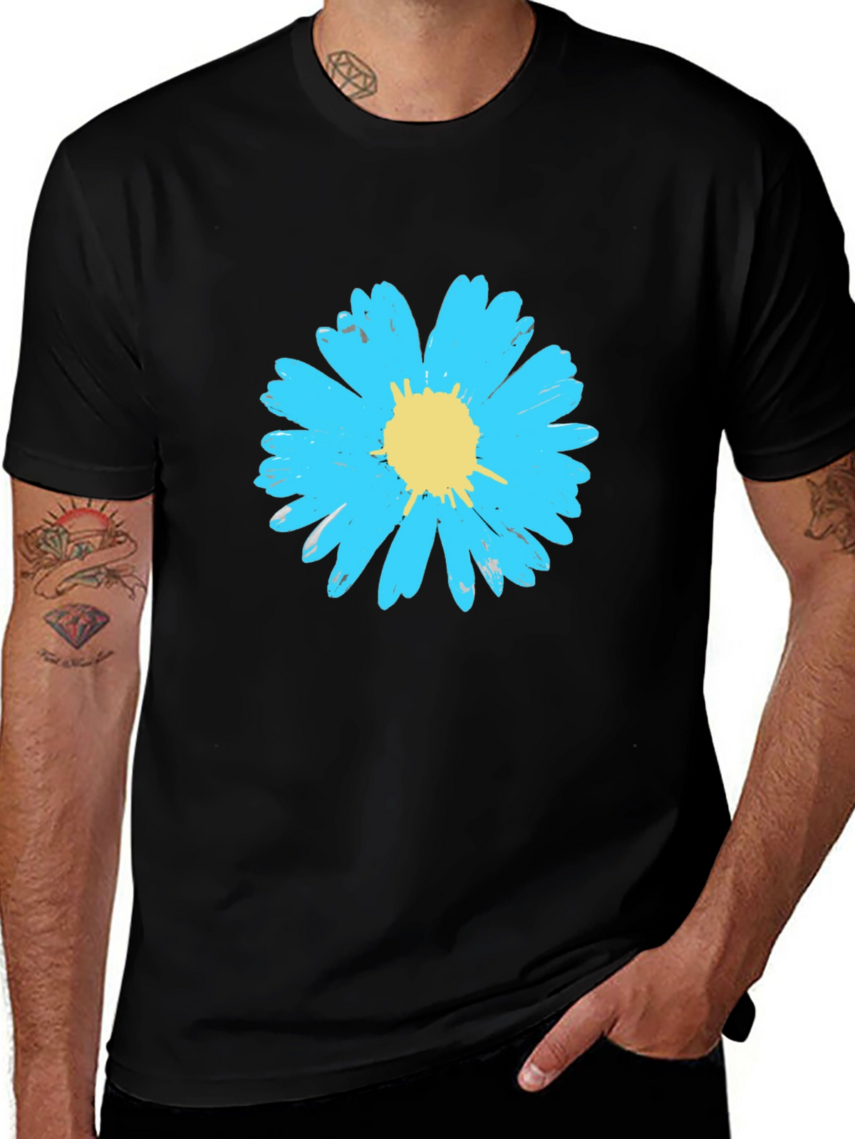 Blue Daisy Graphic Tee - Stylish Mens Black T-Shirt
