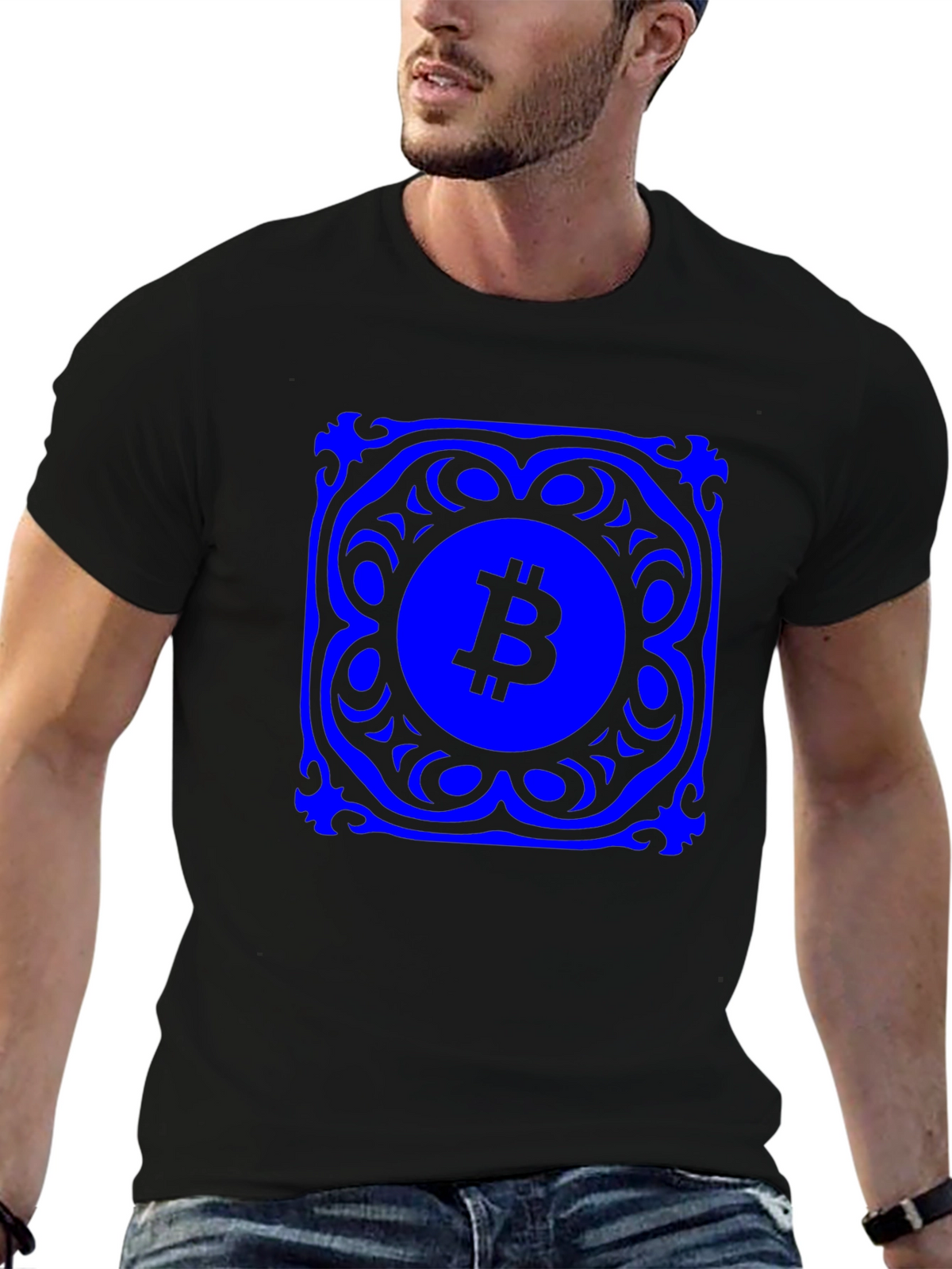 Bitcoin Blue Mandala Graphic Black T-Shirt