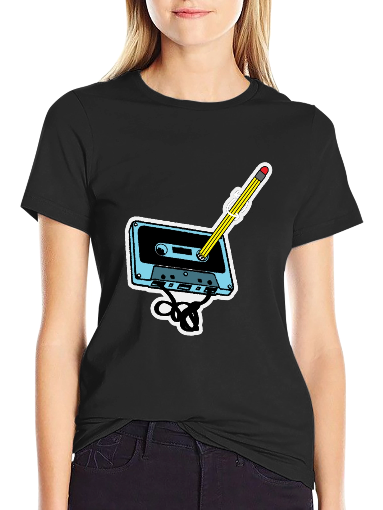 Retro Cassette & Pencil Graphic T-Shirt