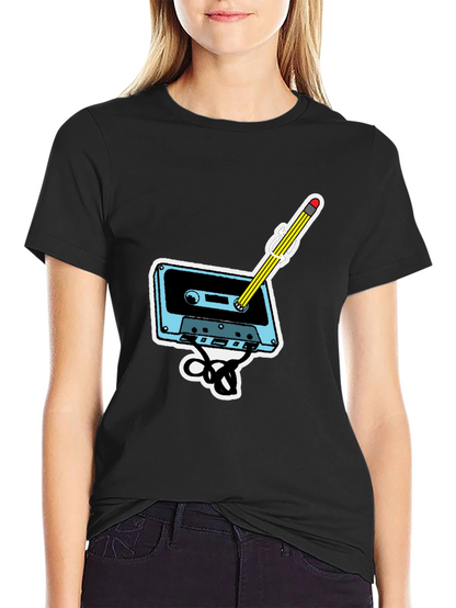 Retro Cassette & Pencil Graphic T-Shirt