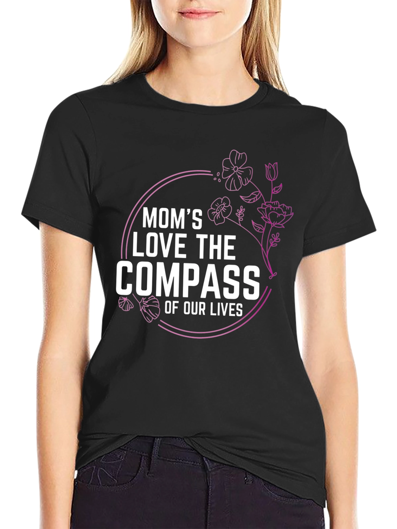 Moms Love Compass T-Shirt Floral Design Black Tee