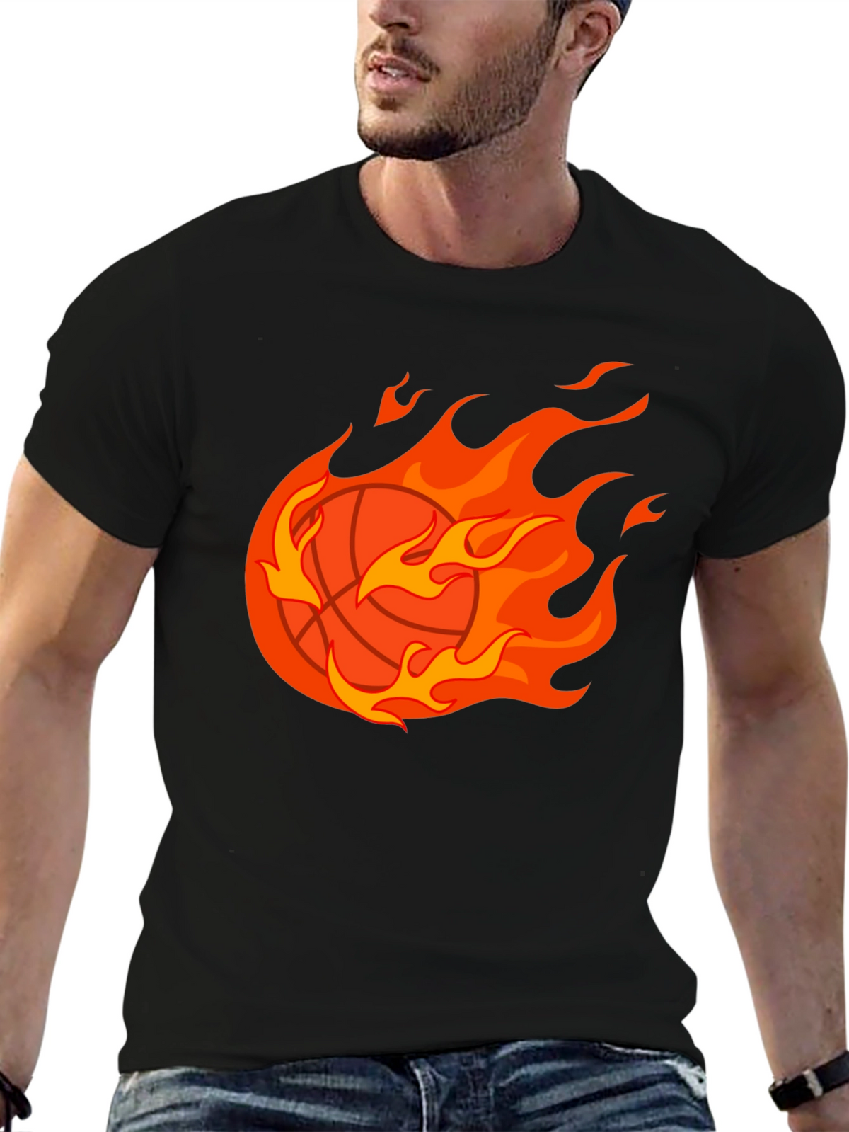 Flaming Basketball Graphic Tee - Black Cotton Shirt